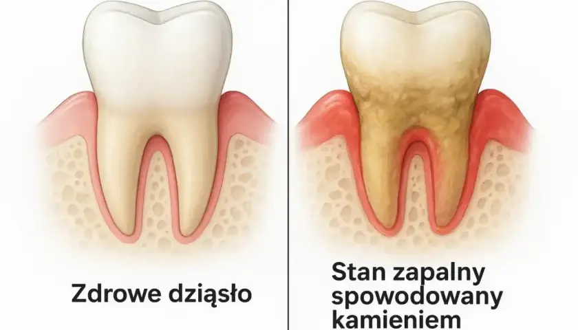 Zdrowe zęby vs. stan zapalny spowodowany kamieniem nazębnym, który prowadzi do próchnicy.