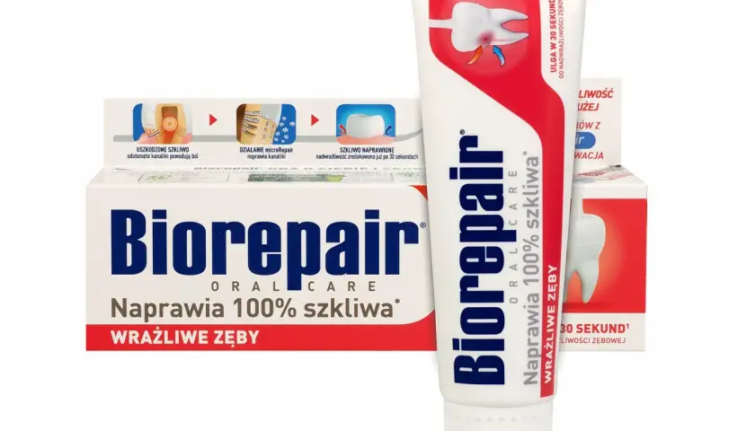 Pasta Biorepair do wrażliwych zębów, naprawia szkliwo w 30 sekund. Idealna, gdy szukasz, jaka pasta na wrażliwe zęby przyniesie ulgę.