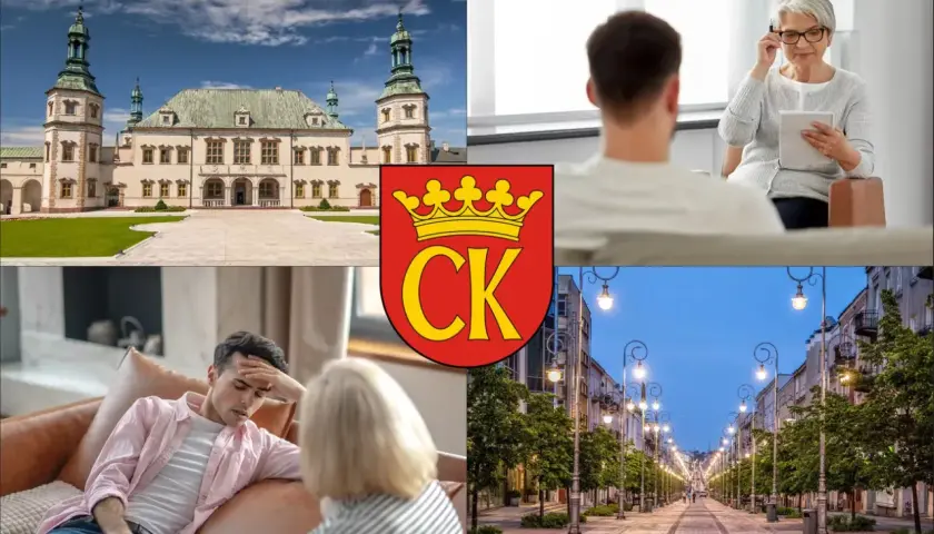 Kielce: pałac, sesja terapeutyczna, herb miasta i ulica.
