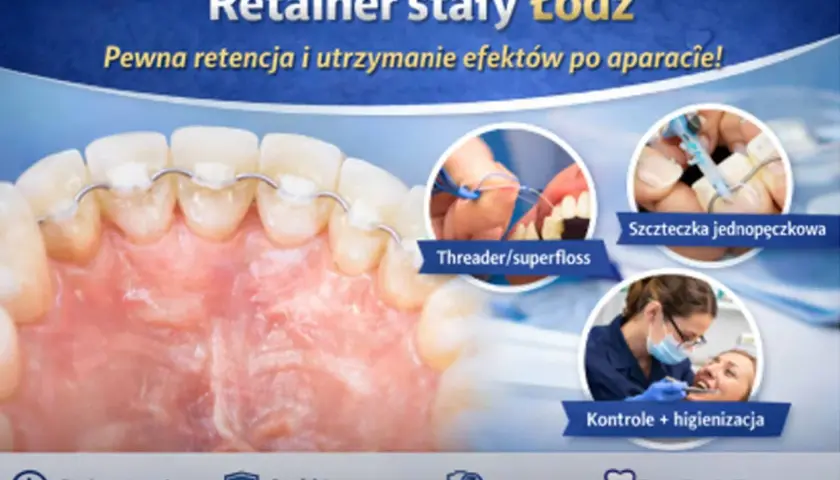 Retainer stały to pewna retencja zębów po leczeniu ortodontycznym. Pokazano higienę z jego użyciem.