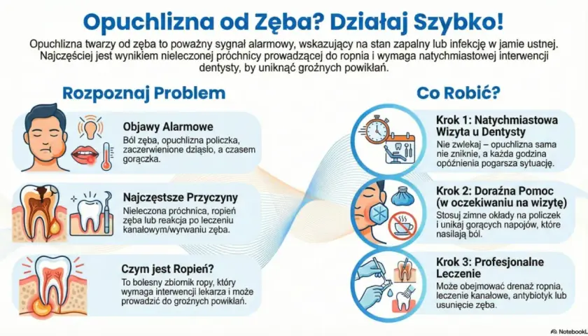 Opuchlizna zęba po antybiotyku ustępuje zazwyczaj po kilku dniach, ale kluczowa jest wizyta u dentysty. Infografika pokazuje objawy, przyczyny i kroki postępowania.
