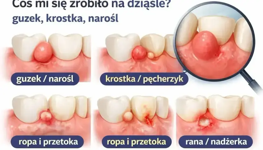 Ilustracja pokazuje różne zmiany na dziąśle: guzek, krostkę, ropień i ranę. Bąbel na dziąśle może przybierać różne formy.