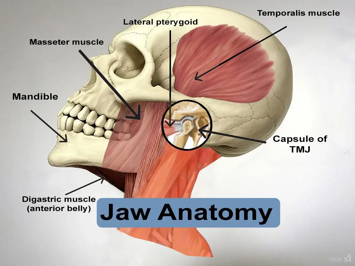 Anatomia żuchwy z zaznaczonymi mięśniami: skroniowym, żwaczem, skrzydłowymi i dwubrzuścowym. Widoczna torebka stawu skroniowo-żuchwowego.