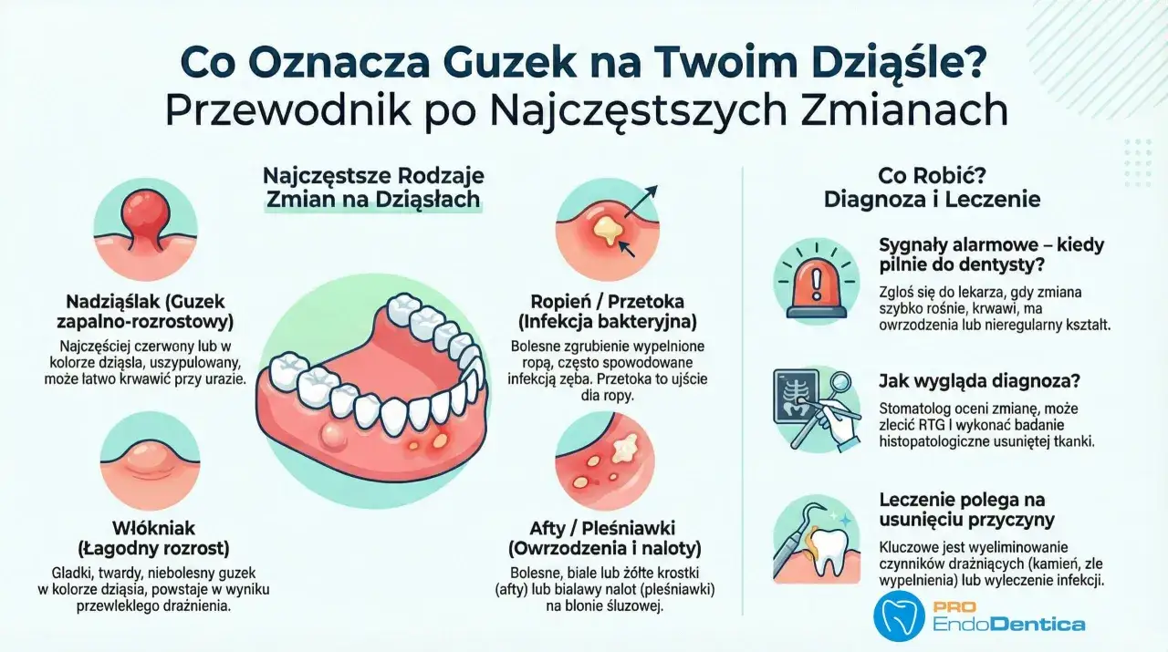 Ilustracja przedstawia różne zmiany na dziąsłach, w tym nadziąślaka, ropień, włókniak i afty. Opisuje, co oznaczają i kiedy zgłosić się do dentysty.