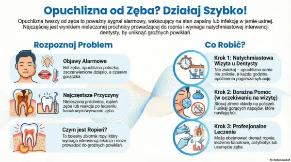 Opuchlizna zęba po antybiotyku ustępuje zazwyczaj po kilku dniach, ale kluczowa jest wizyta u dentysty. Infografika pokazuje objawy, przyczyny i kroki postępowania.